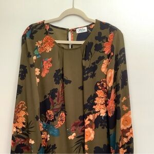 AllyOops Maeve Olive Floral Blouse with Orange & Navy Print